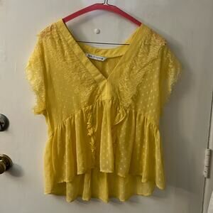 Zara Yellow Polka Dot Ruffle Lace Short Sleeve Blouse S Dopamine Balletcore Twee